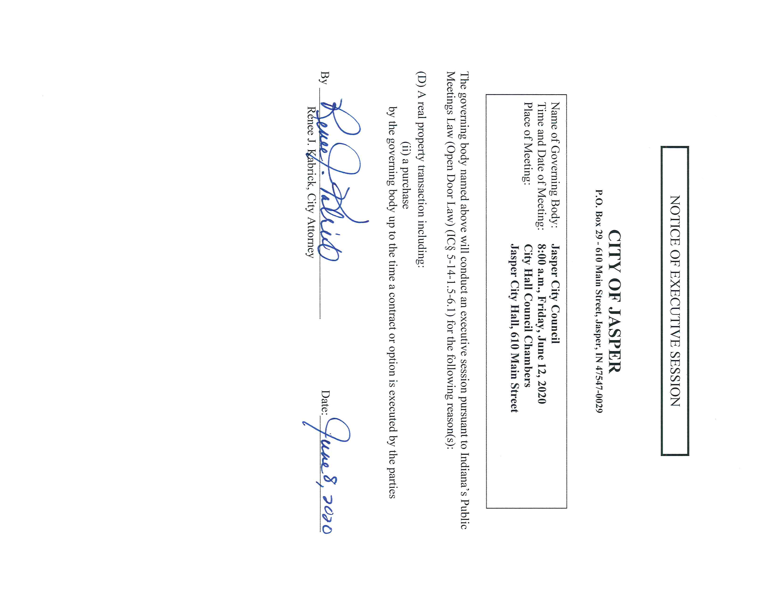 City Council Executive Session Notice 6.12.2020