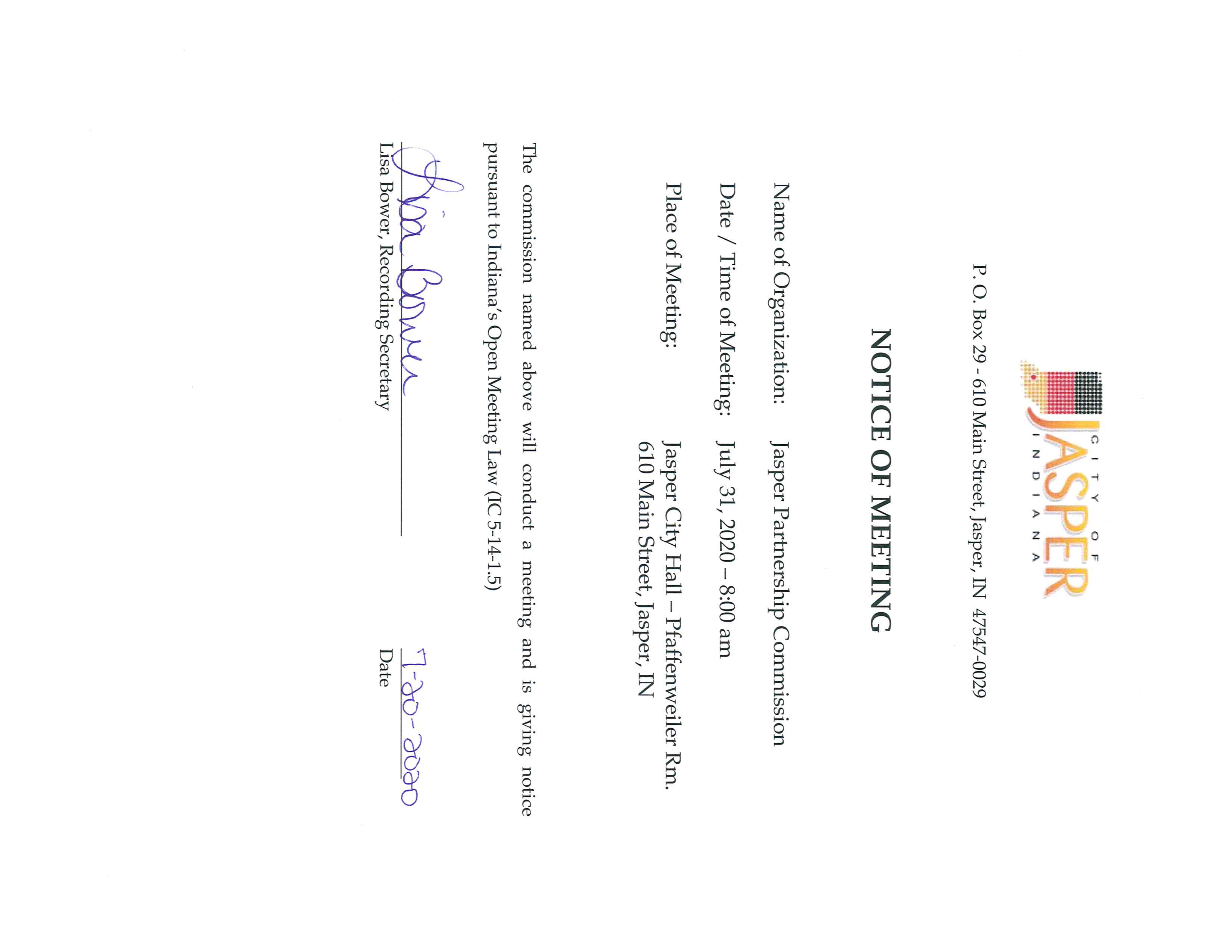 Jasper Partnership Commission Mtg. Notice 7.31.2020