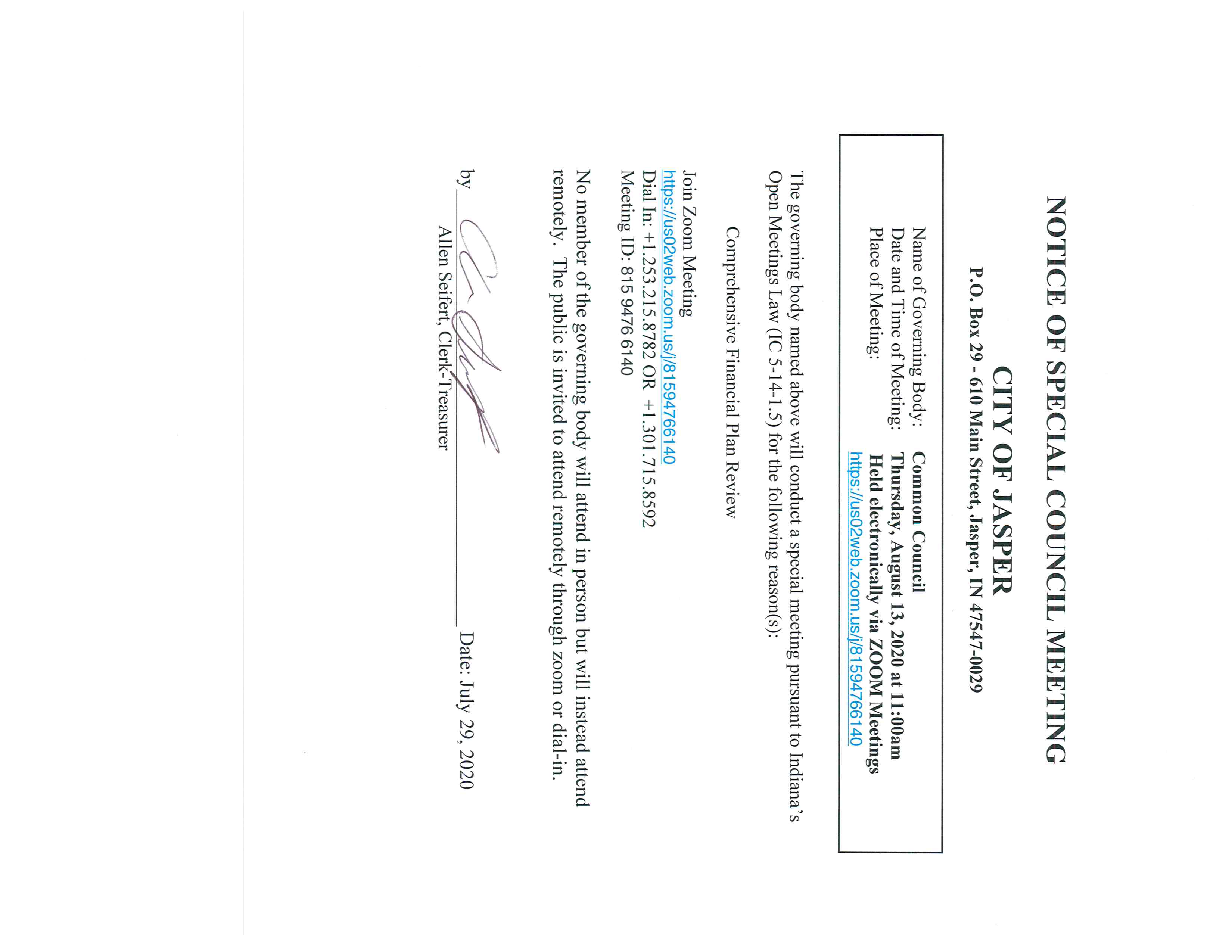 Special Council Meeting Notice 8.13.2020
