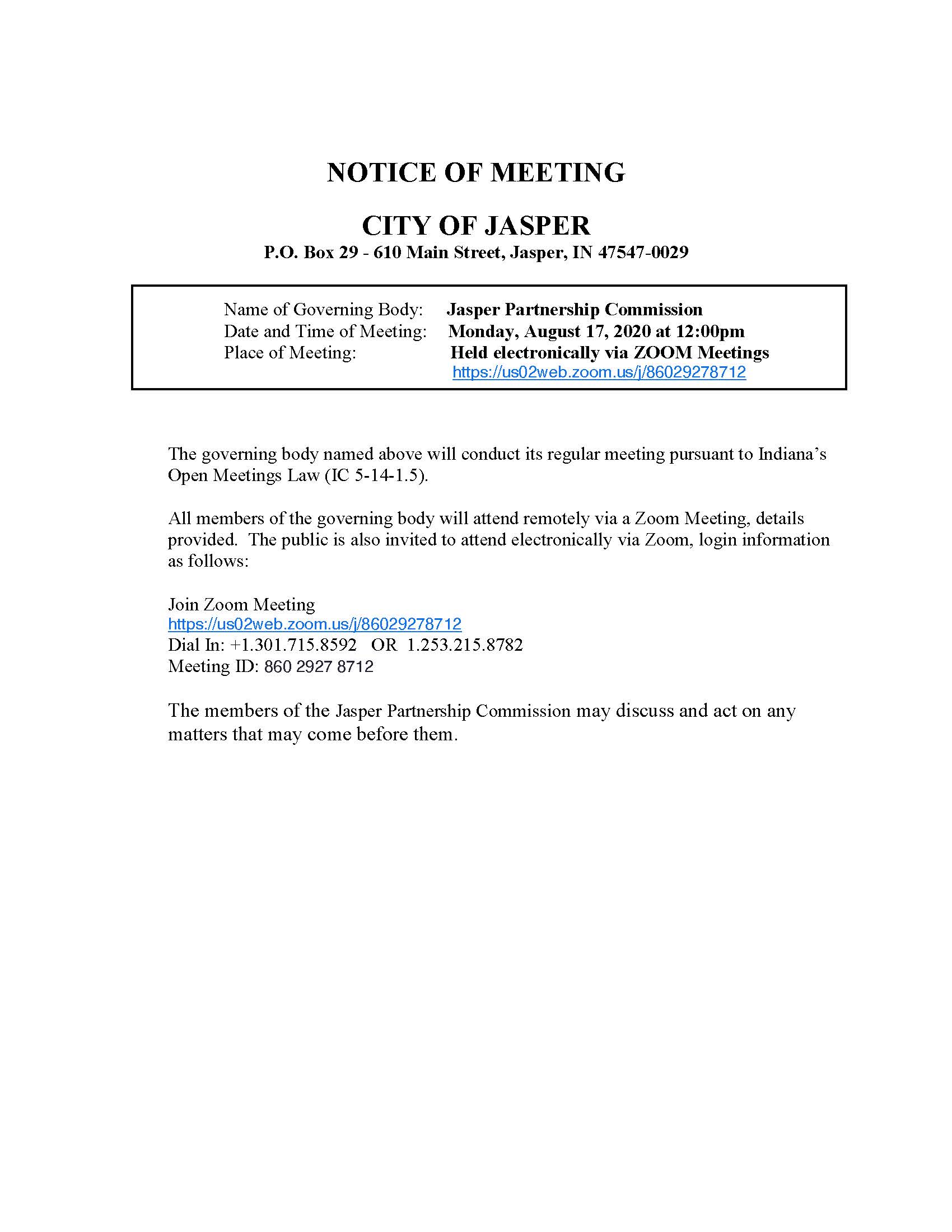 Jasper Partnership Commission Mtg. Notice 8.17.2020