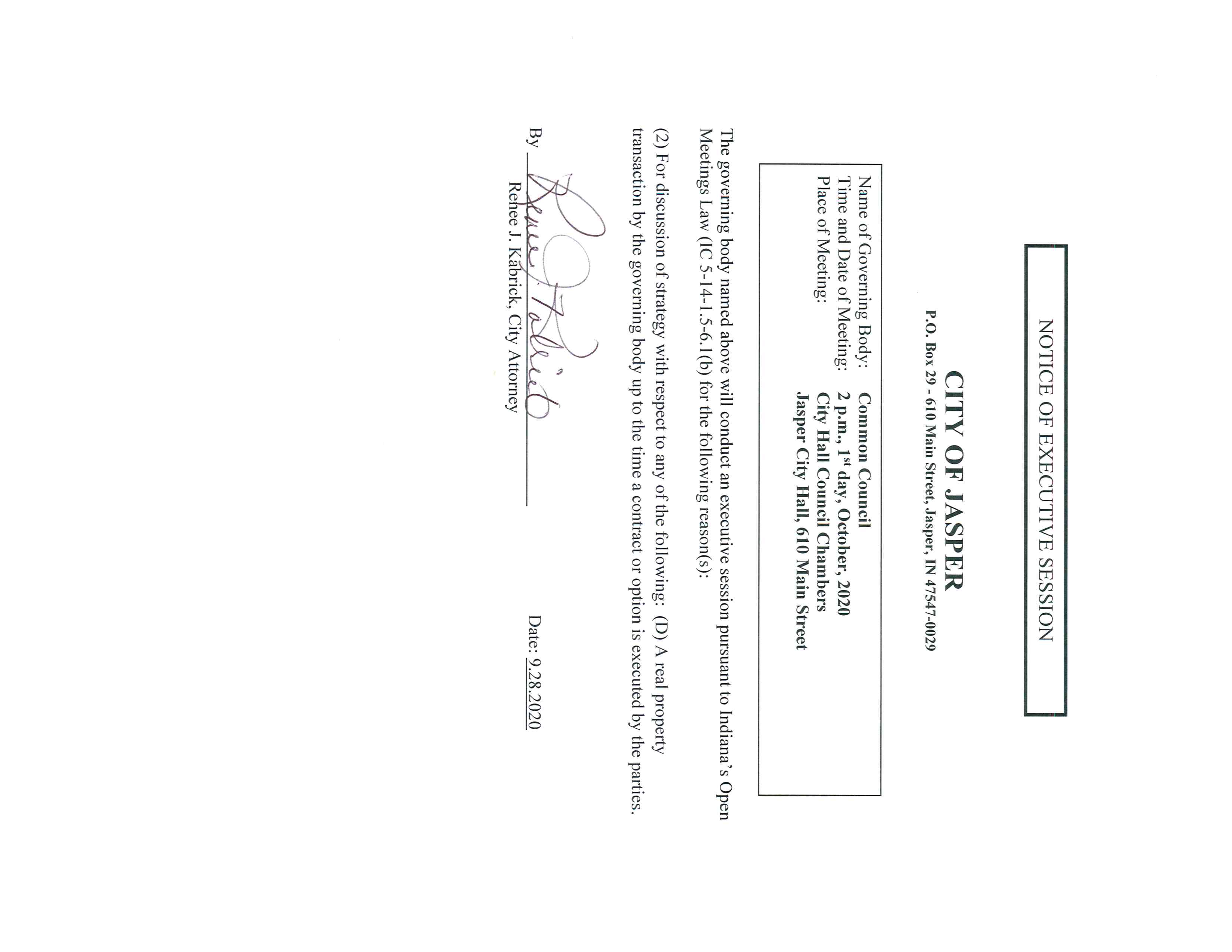 City Council Executive Session Notice 10.1.2020
