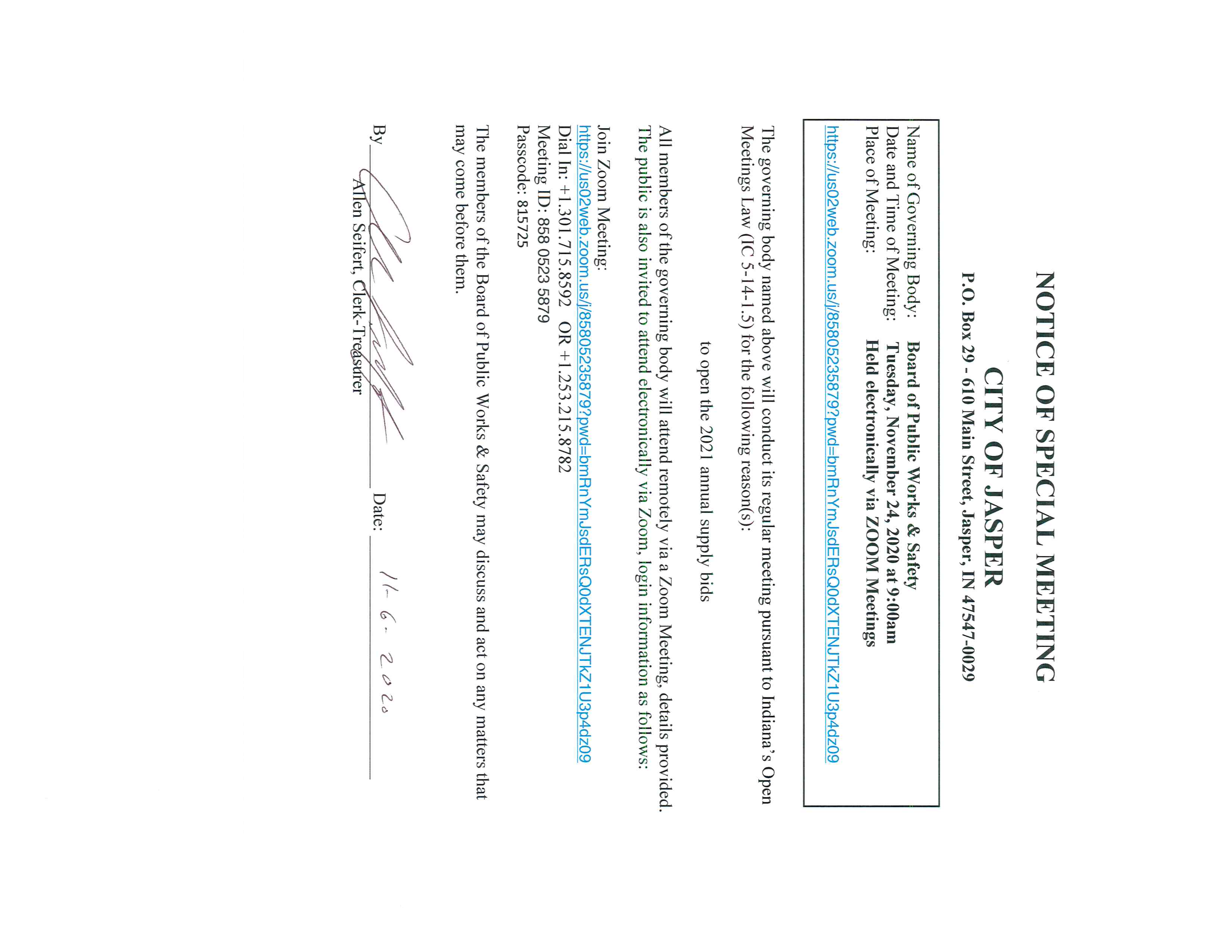 Special Board of Public Works & Safety Notice 11.24.2020