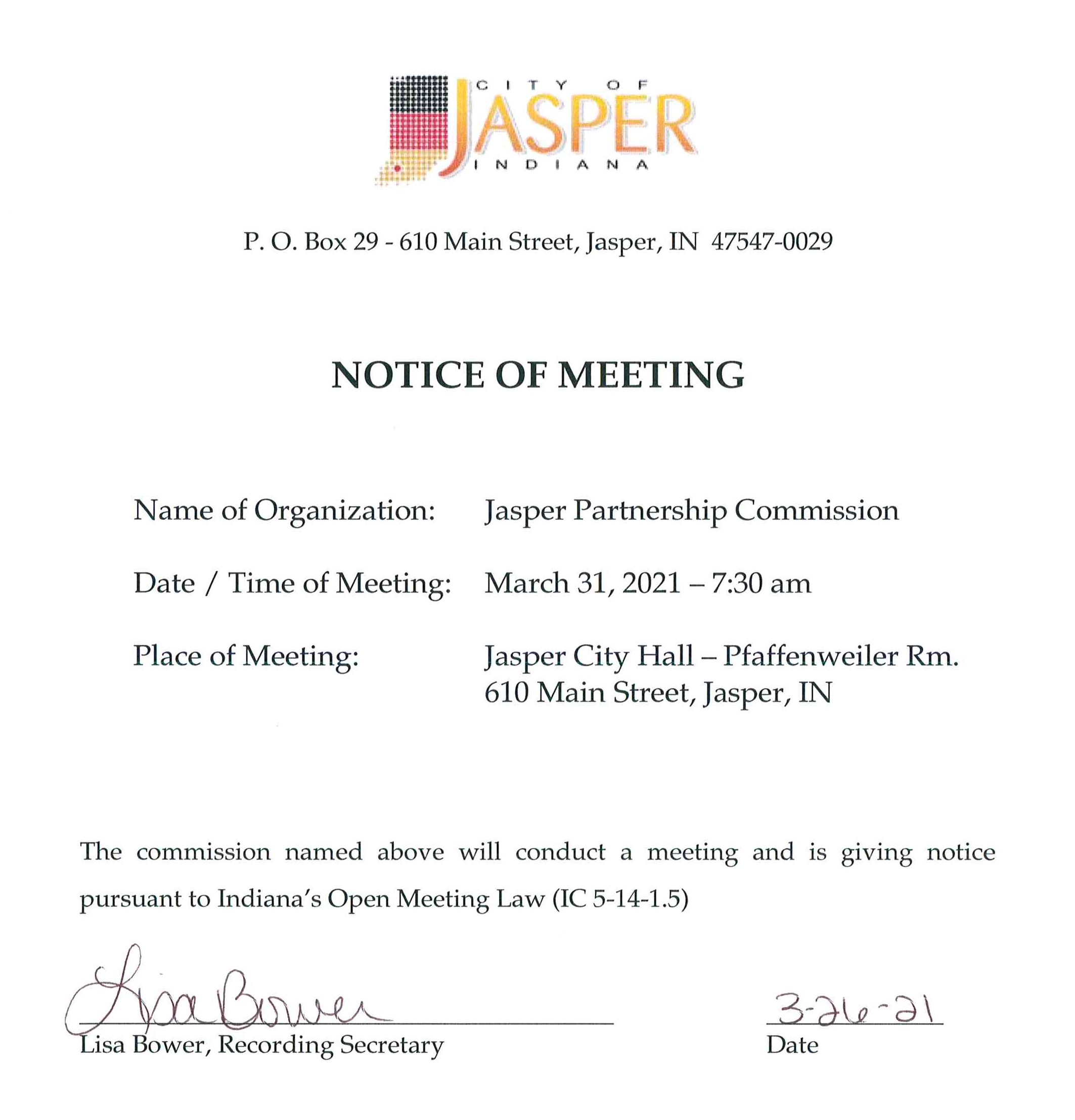 Partnership Commission Meeting Notice 3/31/2021