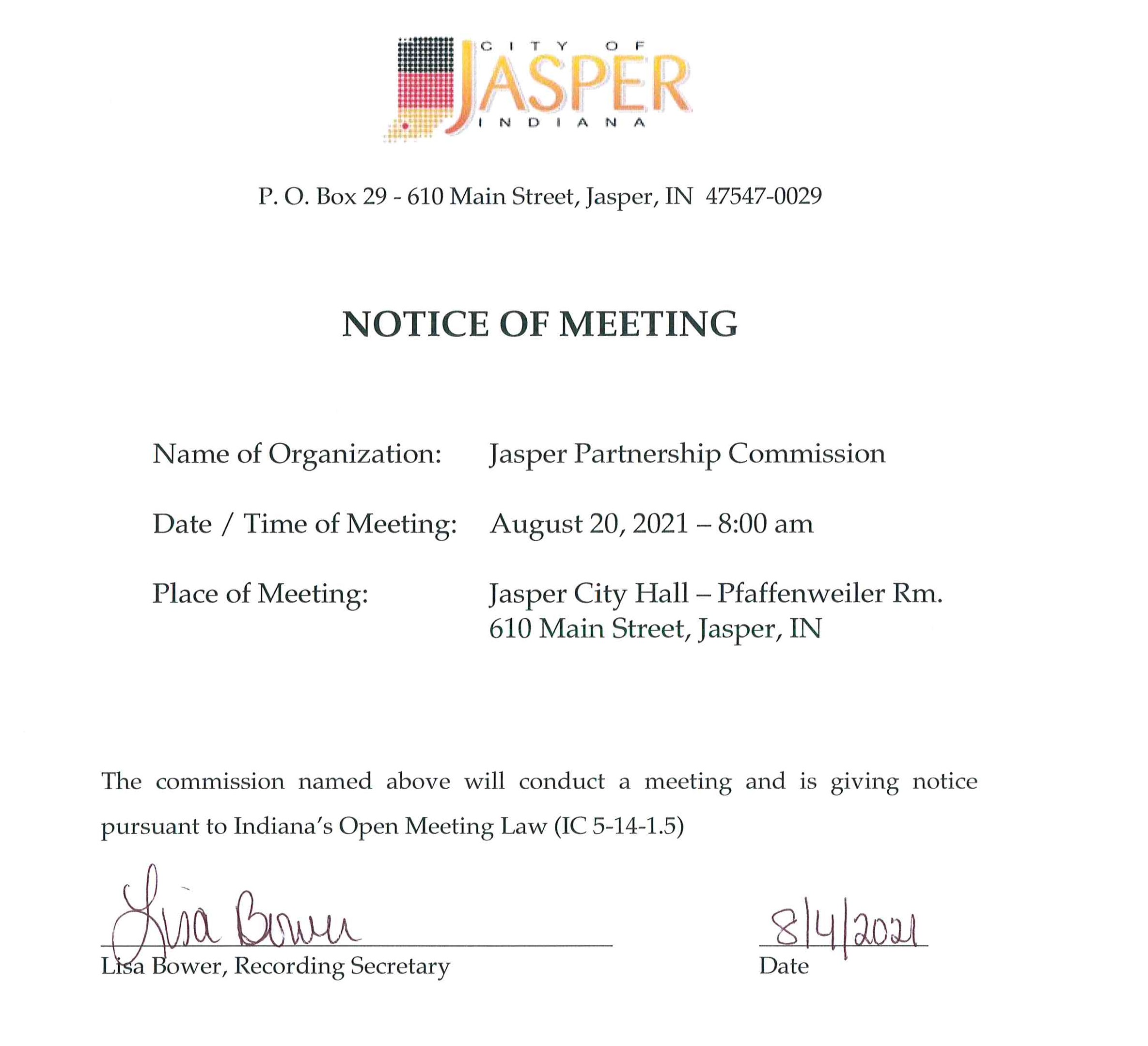 Jasper Partnership Commission Mtg. Notice 8.20.2021