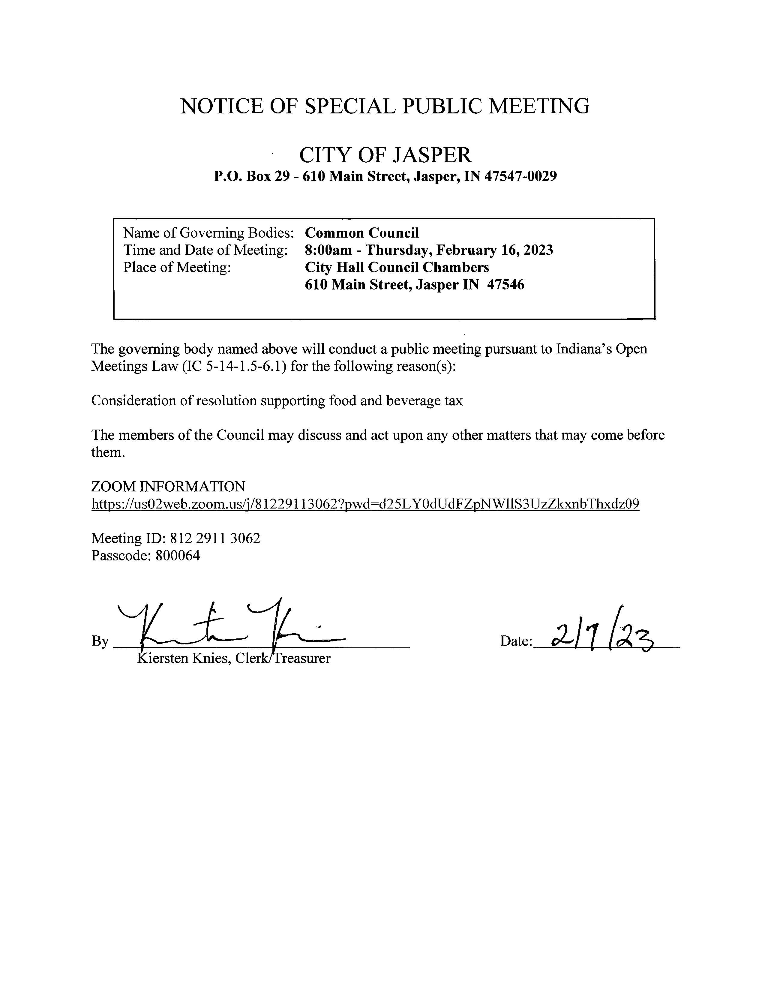 Special Council Meeting Notice 2.16.2023